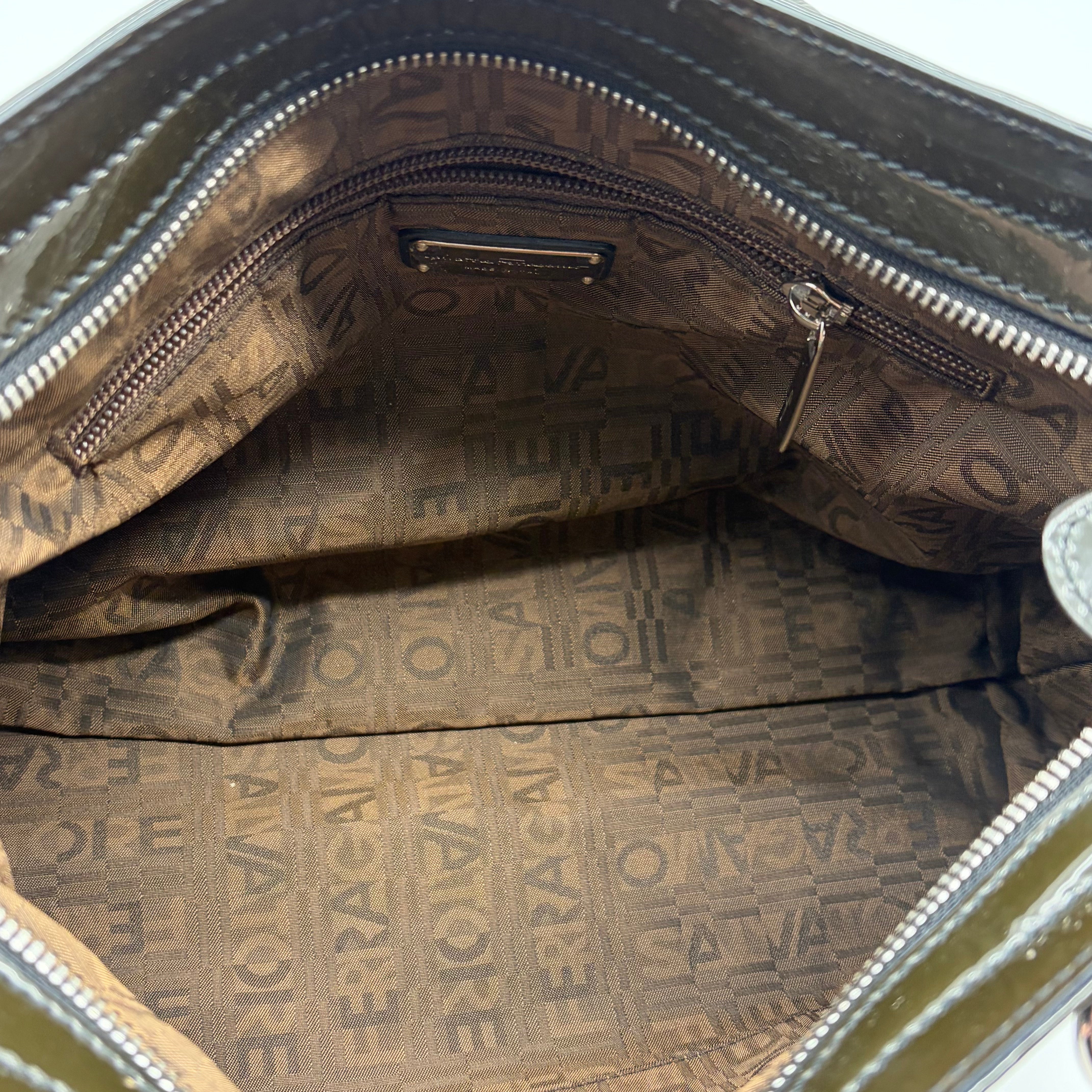 Salvatore Ferragamo Gancini Tote Lackleder Dunkelolive – Vintage