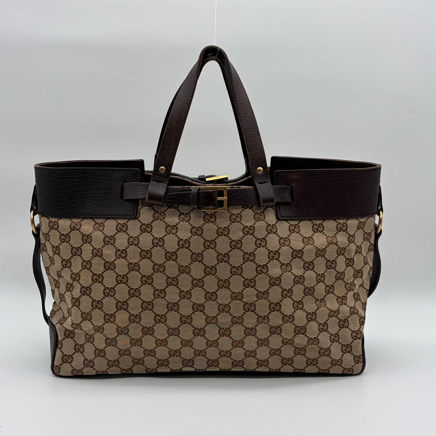 Gucci GG Monogram Canvas Tote Schwarz Leder – vintage designer handbag